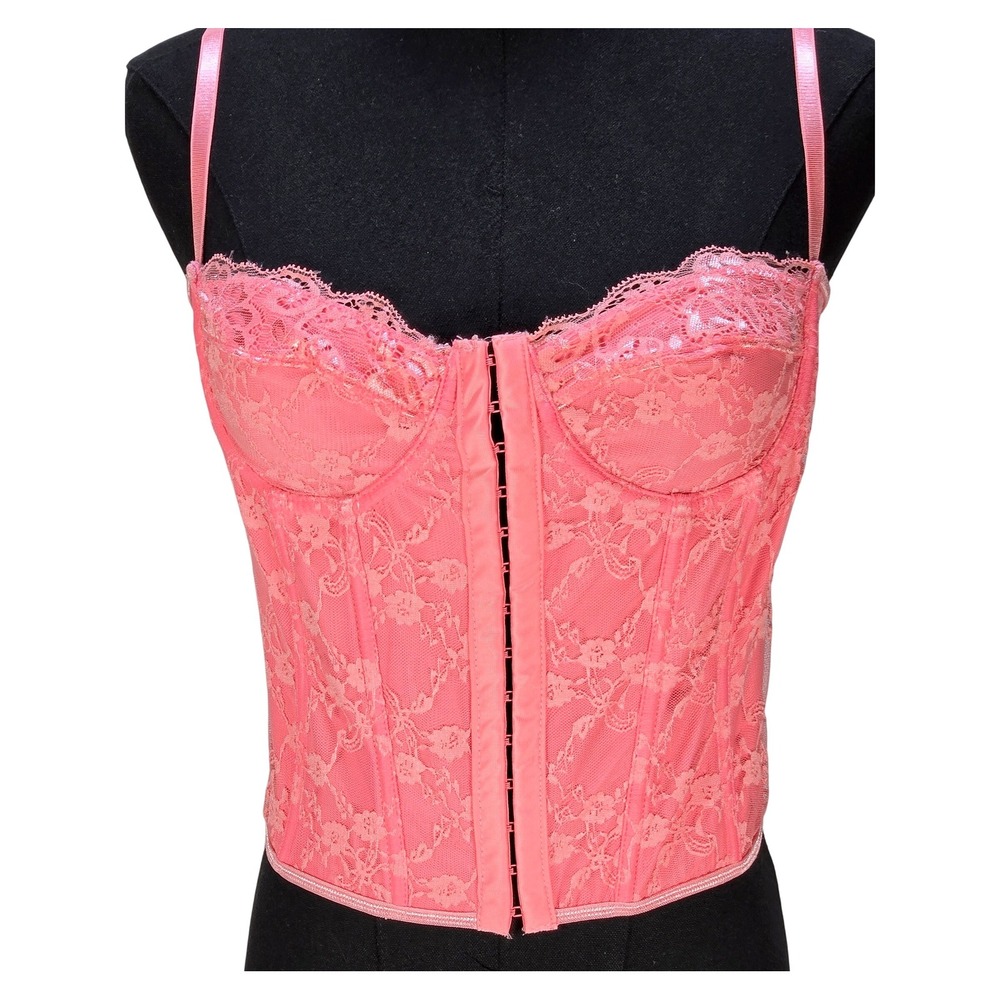 Women's Small Pink Lace Corset Bustier Top Hook‎ Front Lace Up Back Coquette